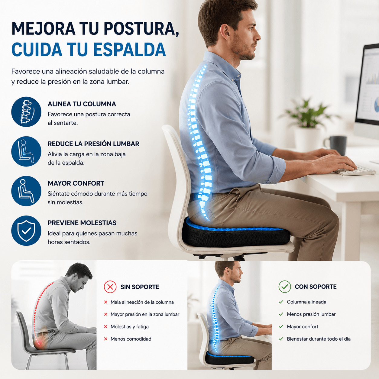 Cojín de gel viscoelástico con forma de panal