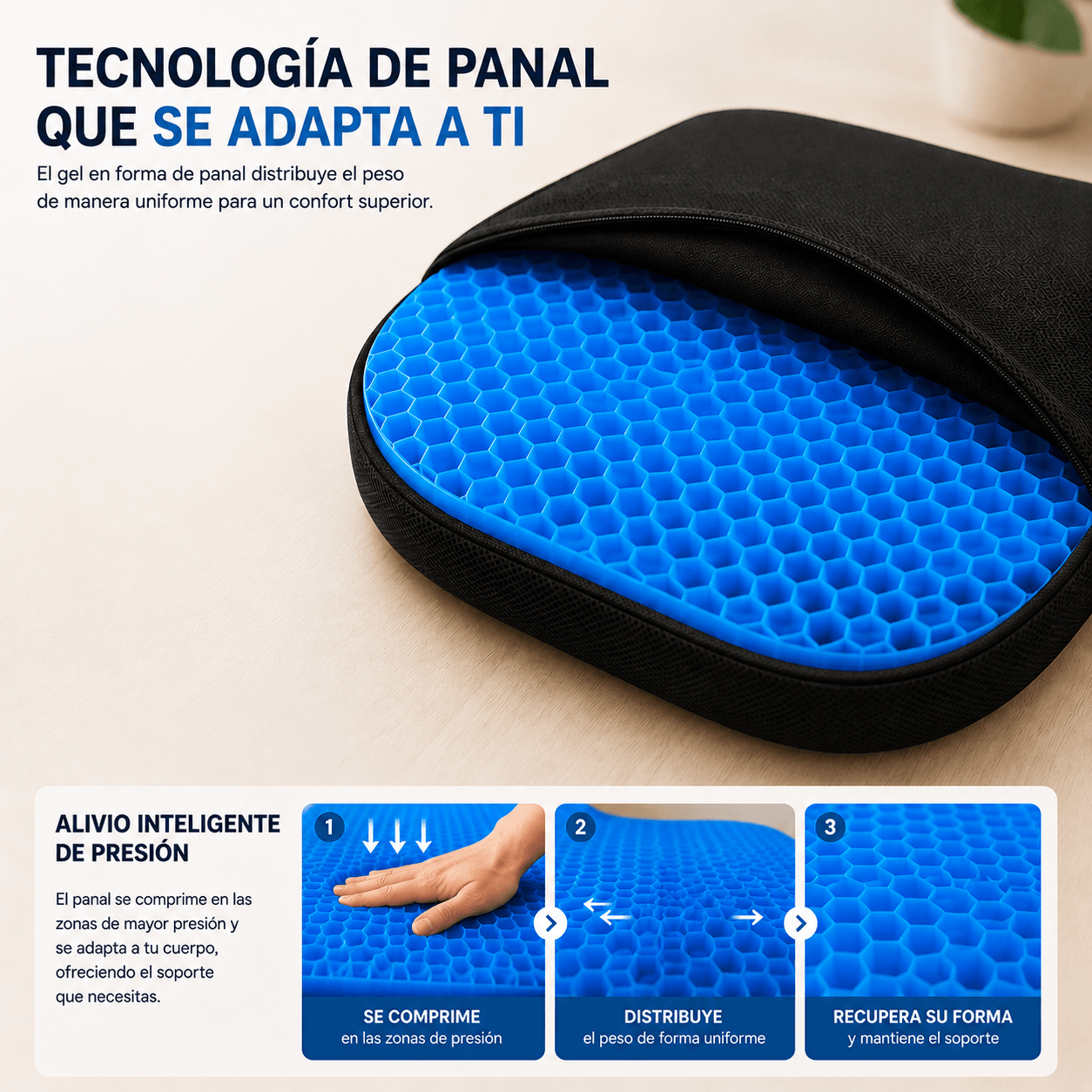 Cojín de gel viscoelástico con forma de panal